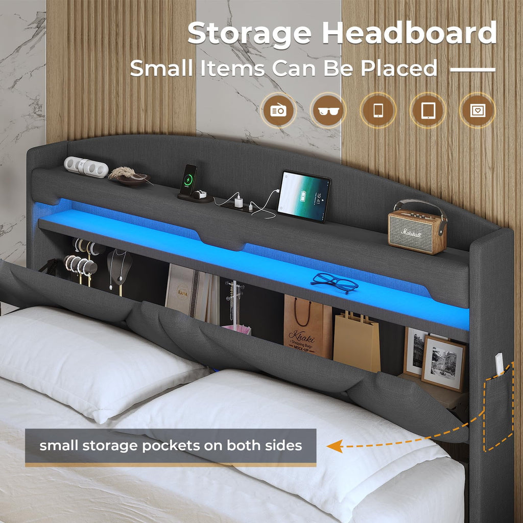 Floating Full Size Upholstered Platform Bed with Storage Headboard C489