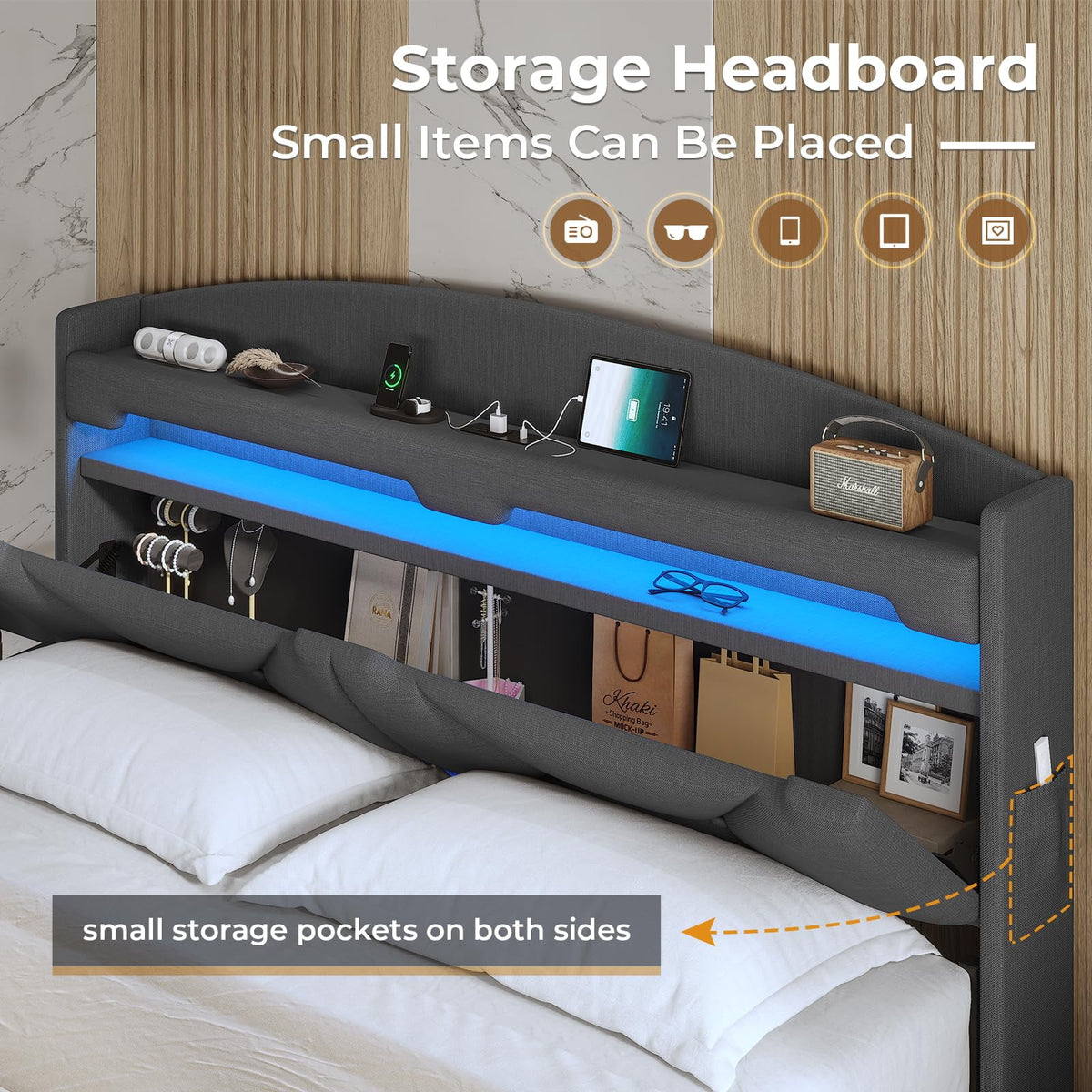 Floating Full Size Upholstered Platform Bed with Storage Headboard C489