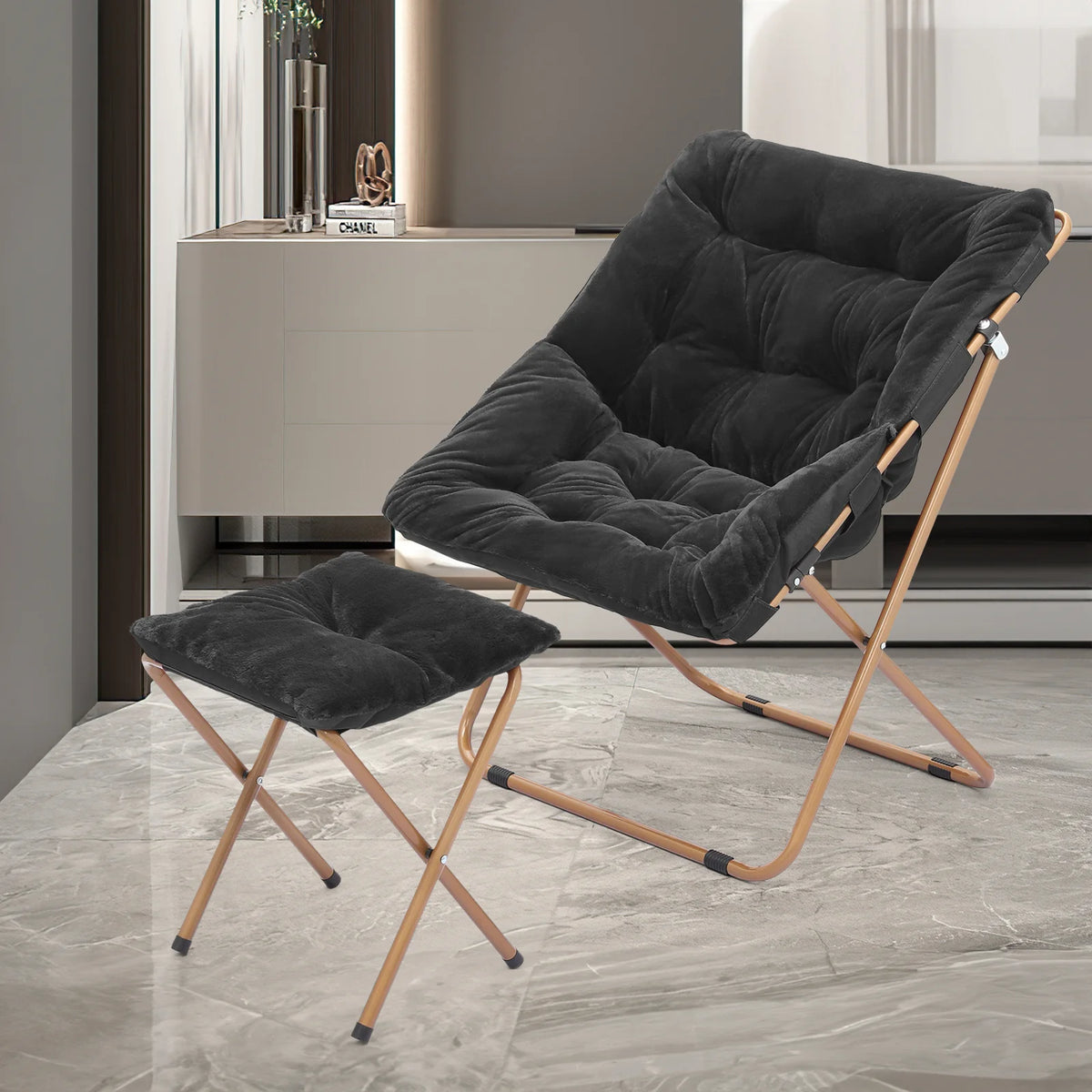 Black Faux Fur Folding Saucer Chair and Ottoman Set of 2 V972