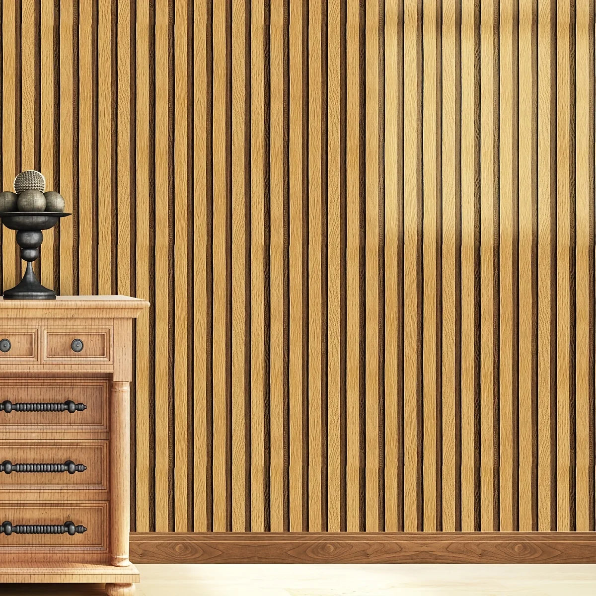 Glossy Light Brown Wood Grain Stripe Wallpaper F15309