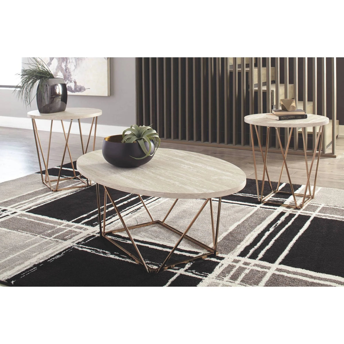 Gold Faux Marble Top Accent Coffee Table Set H202706