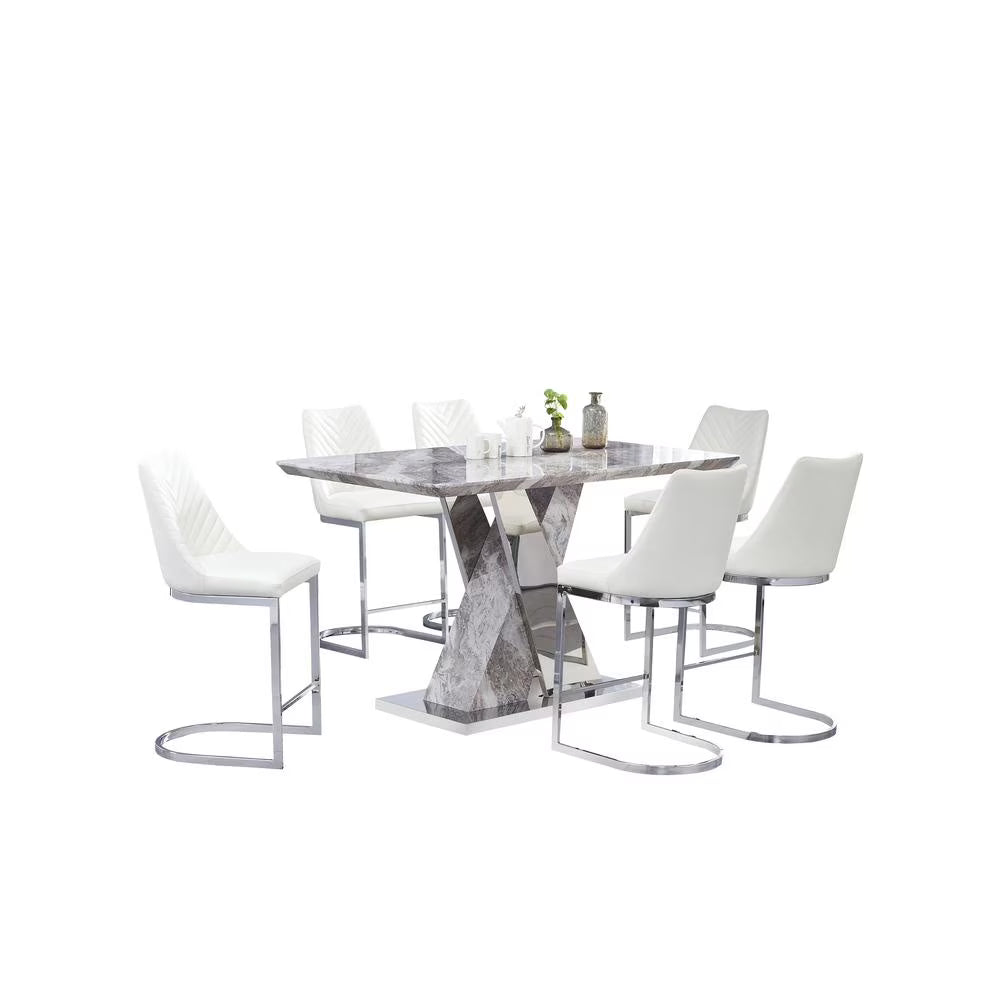 7 Piece White Faux Marble Stainless Steel Counterheight Dining Set Y1856