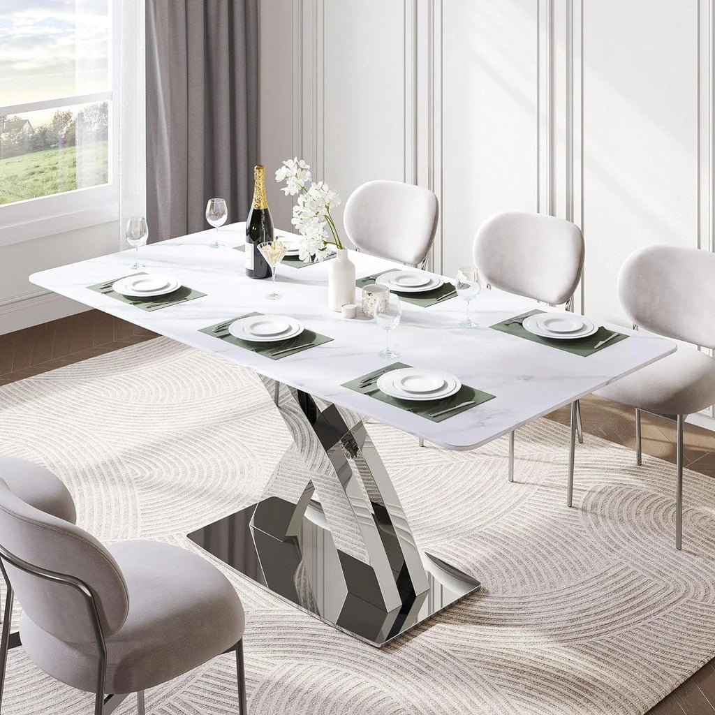 White Sintered Stone Dining Table for 8, Stainless Steel Base B241869