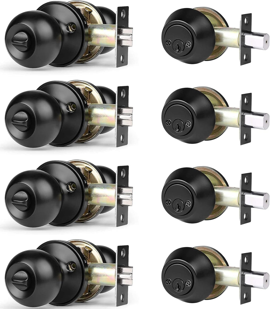 2 Pack Flat Black Entry Door Knob and Double Cylinder Deadbolt Lockset D76875