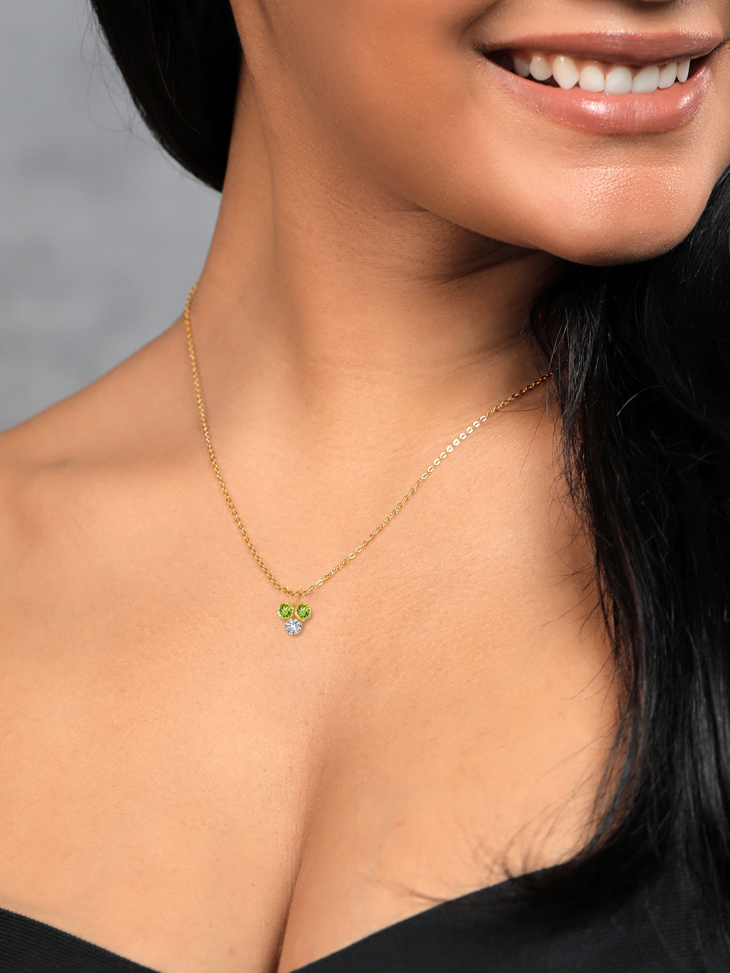 14K Yellow Gold Green Peridot and White Created Sapphire 3-Stone Pendant Necklace F755263