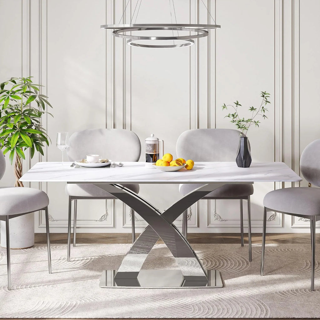 White Sintered Stone Dining Table for 8, Stainless Steel Base B241869