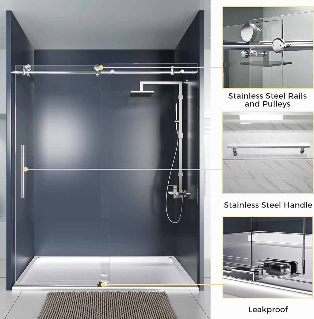 56 in. Frameless Sliding Shower Door, Clear Tempered Glass B543361
