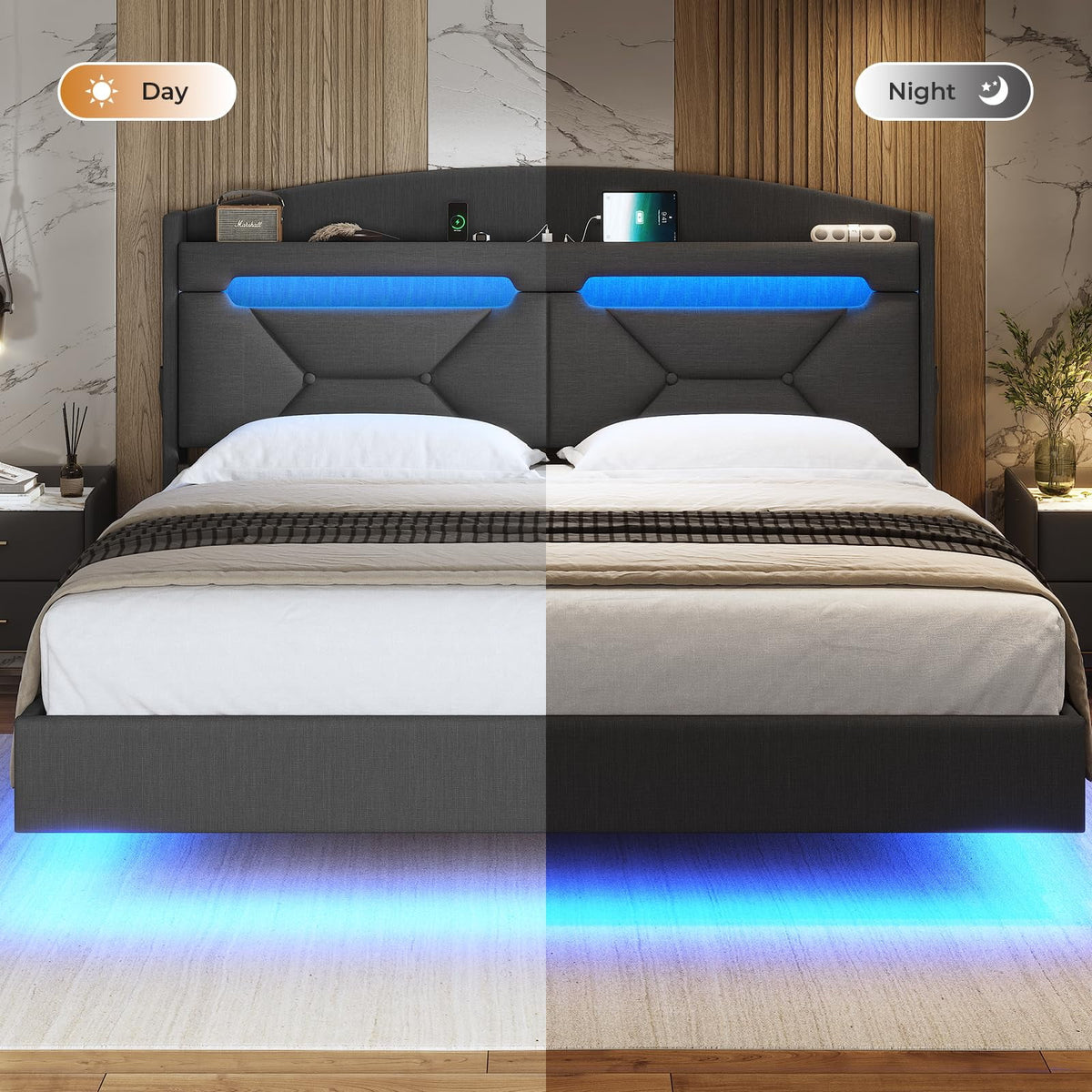 Floating Full Size Upholstered Platform Bed with Storage Headboard C489