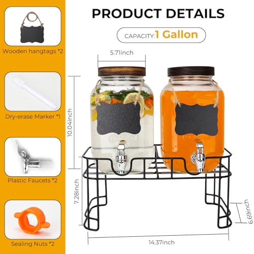 2 Pack 1 Gallon Glass Beverage Dispenser with Stand and Spigot H240