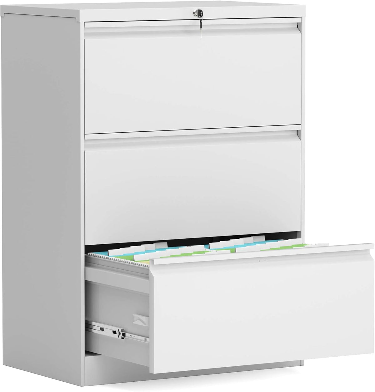 White Metal Steel 3 Drawer Lateral File Cabinet with Lock B55513
