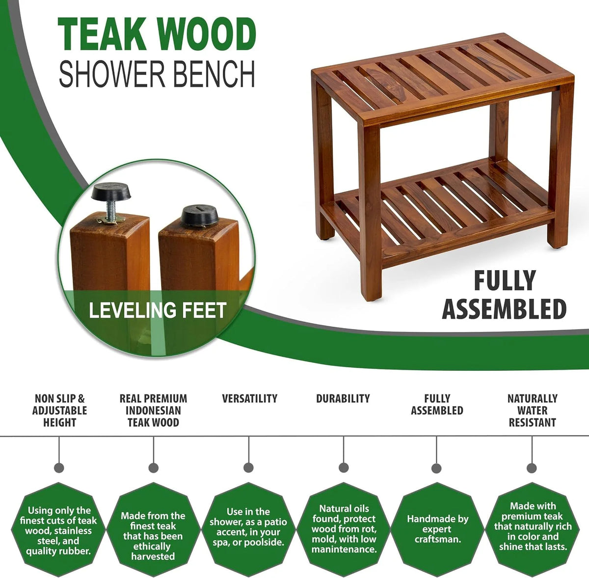 21 Inch Teak Wood Shower Bench with Shelf Z703