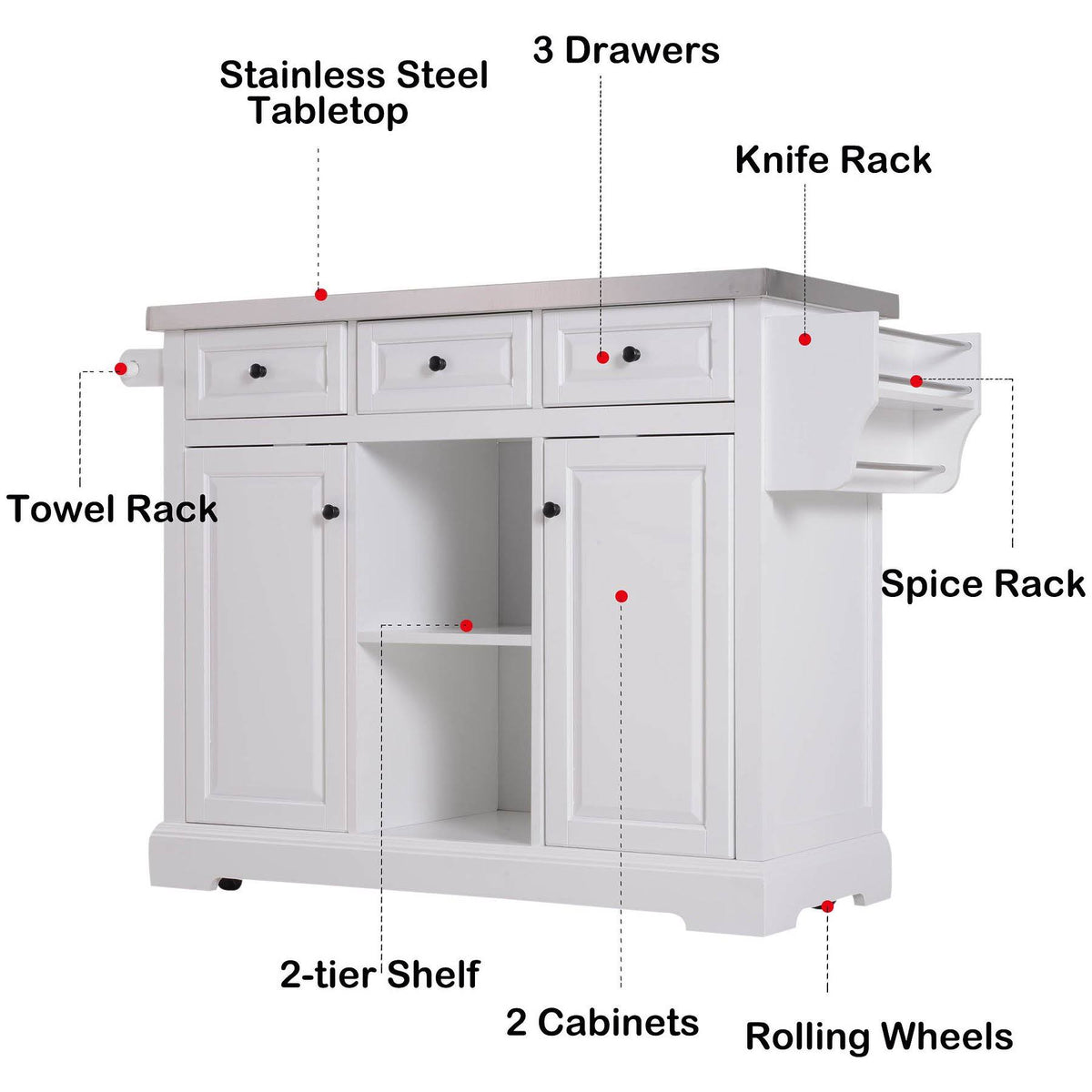 White Rolling Kitchen Island Cart with Wheels C7263