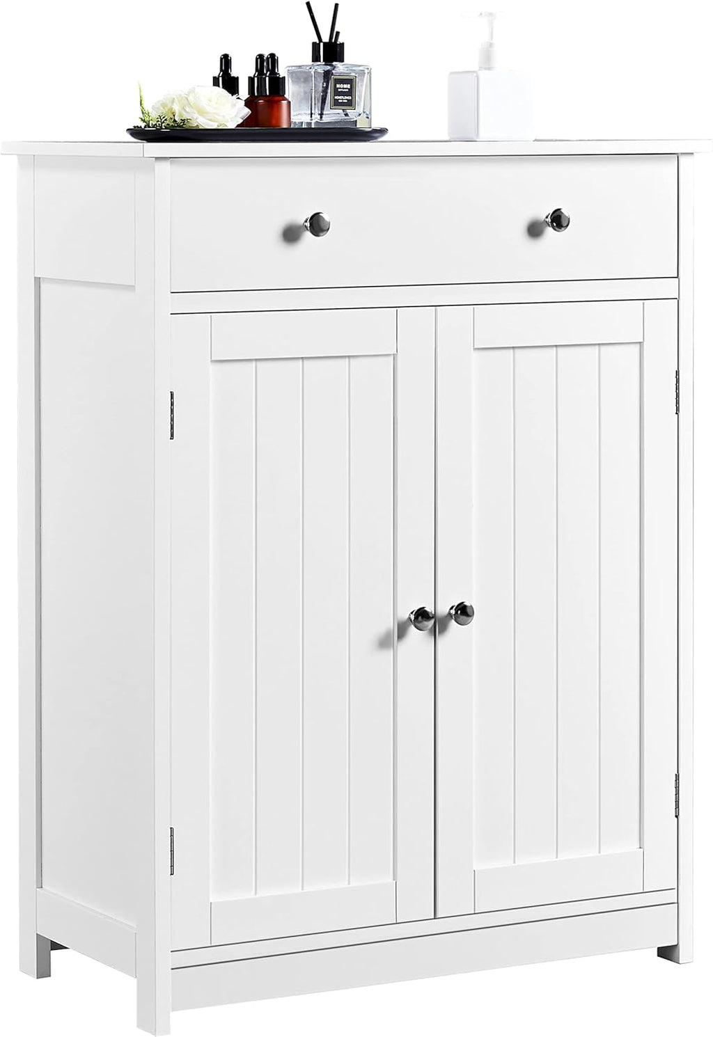 White 23.6in L x 11.8in W x 31.5in H Wooden Bathroom Cabinet with 1 Drawer 2 Doors and Adjustable Shelf M97678