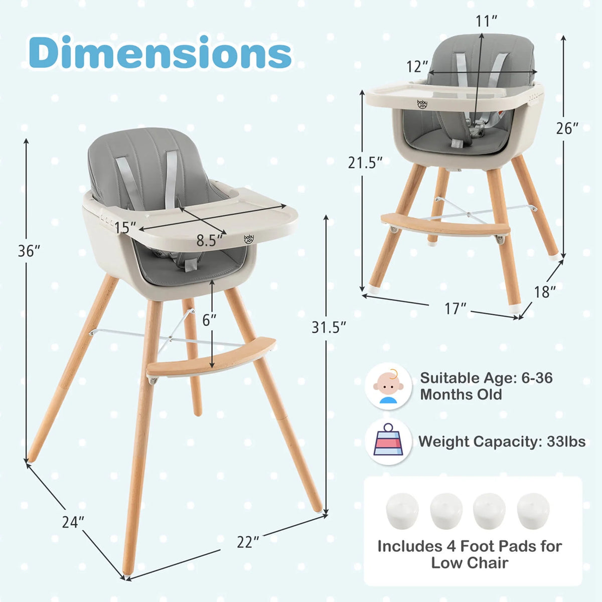 3 in 1 Convertible Wooden High Chair Beige E4319