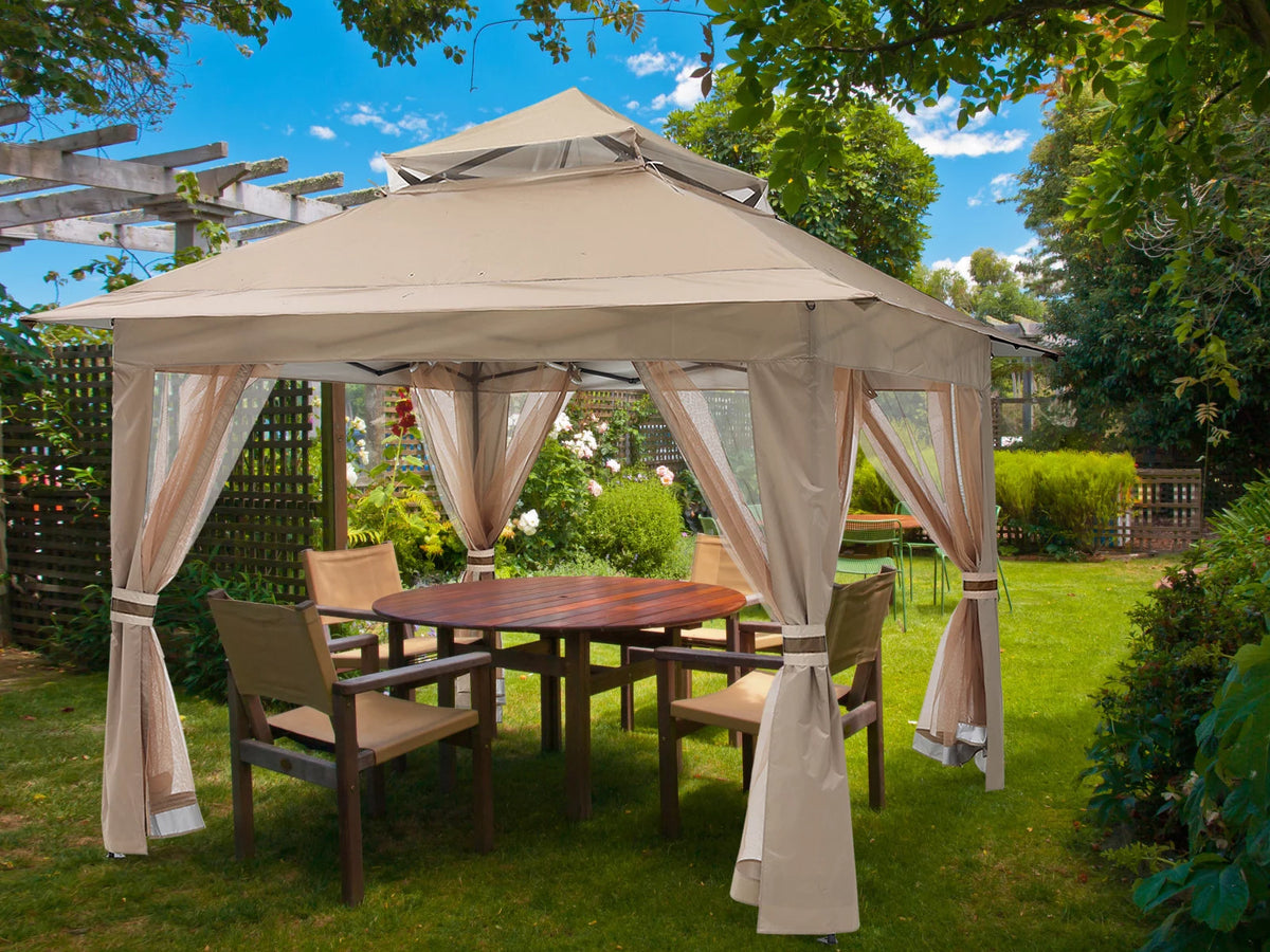 13'x13' Khaki Pop up Gazebo Canopy with Mosquito Netting R254