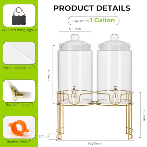 2 Pack 1 Gallon Glass Beverage Dispenser with Stand and Spigot H240