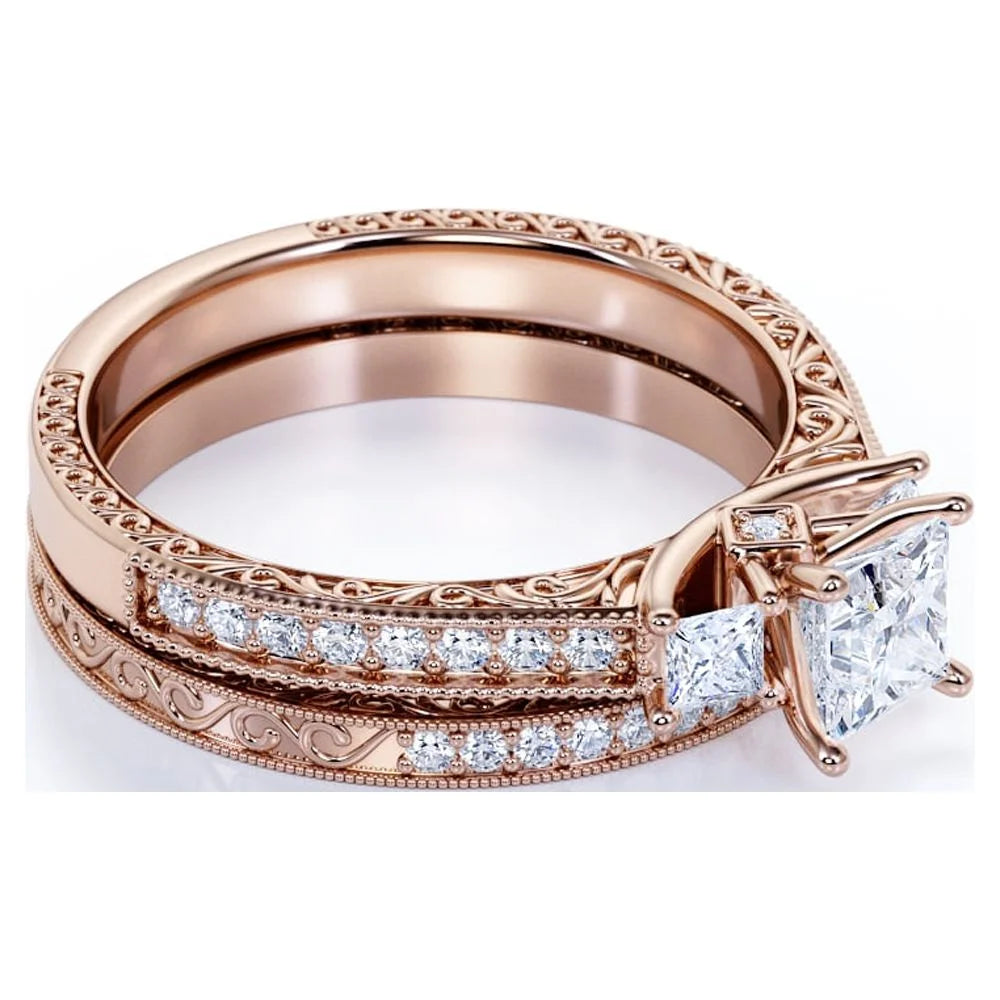 18K Rose Gold over Silver Three Stone Ring Set G231