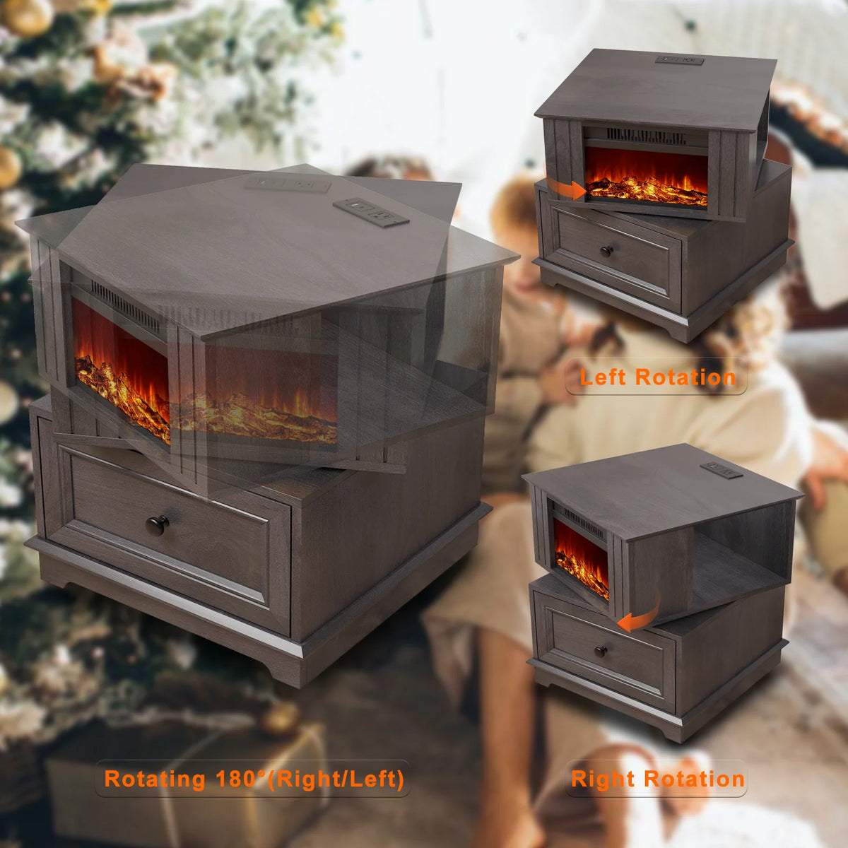 Rotating Fireplace End Table with Electric Fireplace Heater, Storage, Built-in Outlets Z1200