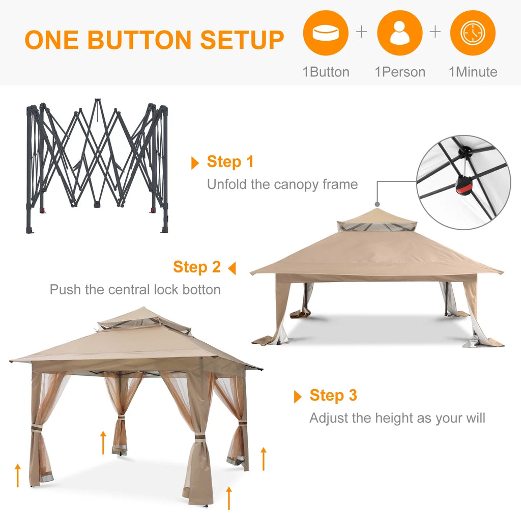 13'x13' Khaki Pop up Gazebo Canopy with Mosquito Netting R254