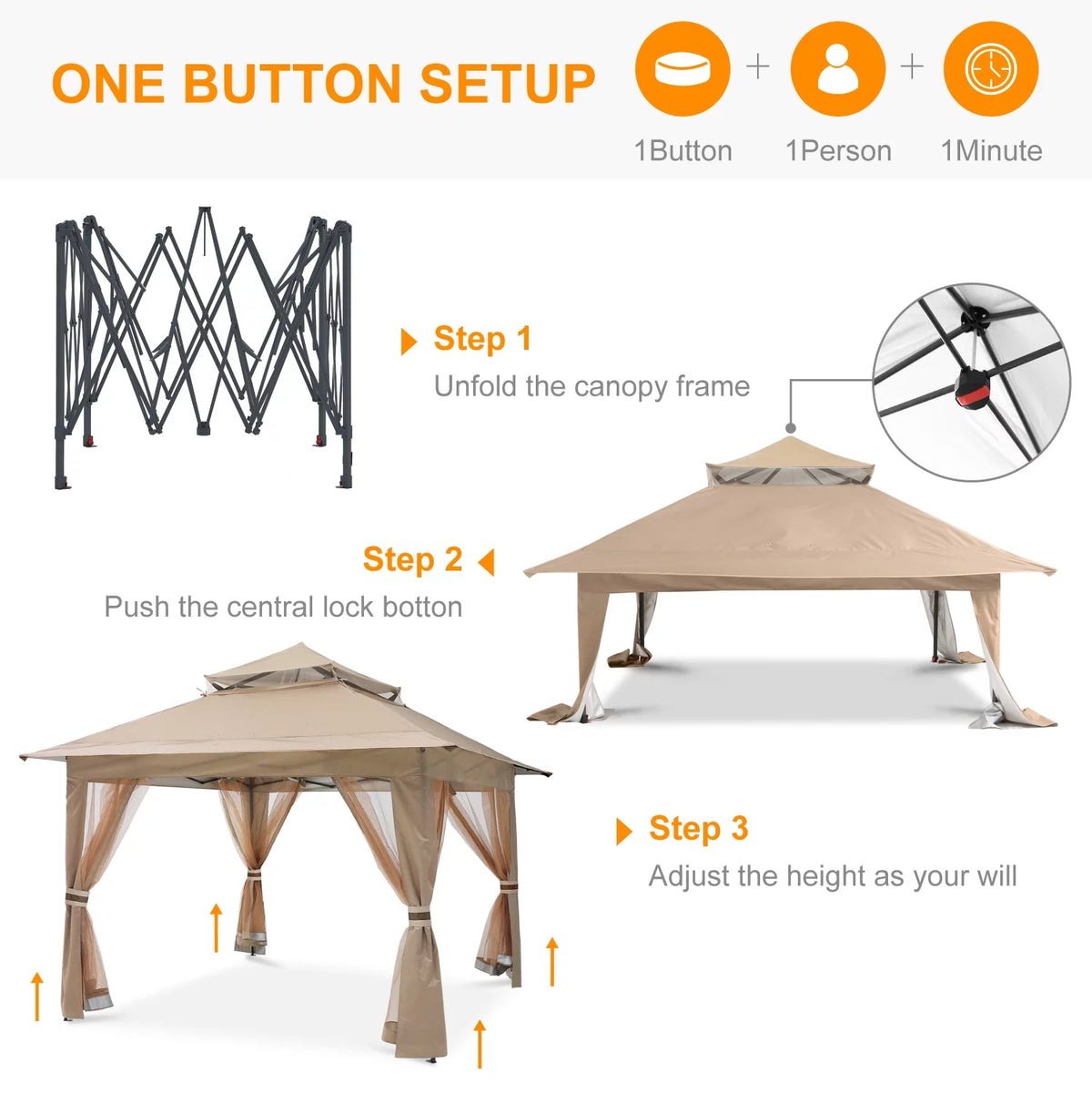 13'x13' Khaki Pop up Gazebo Canopy with Mosquito Netting R254