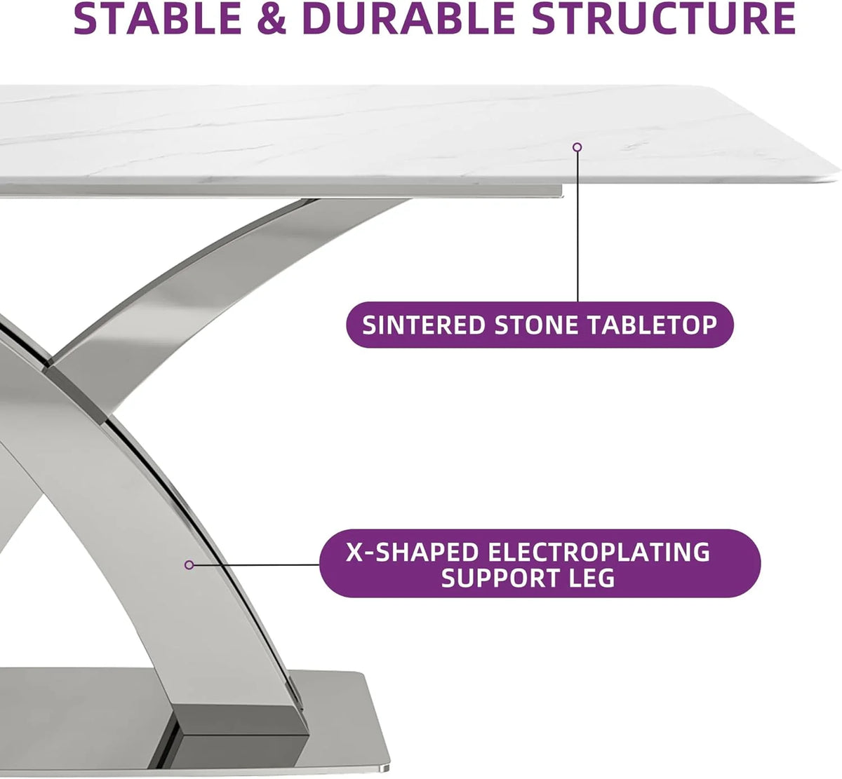 White Sintered Stone Dining Table for 8, Stainless Steel Base B241869