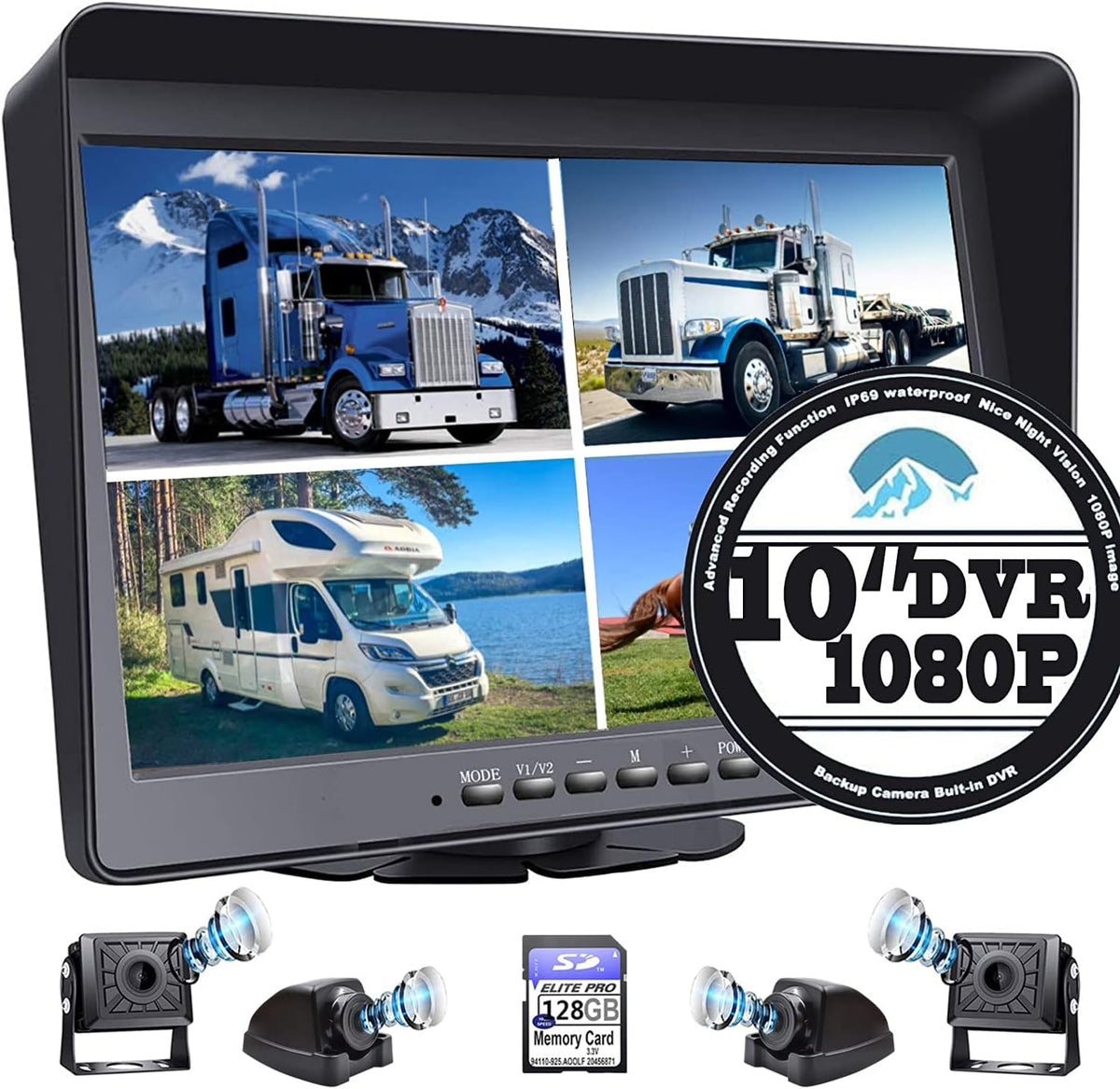 128GB 10.1 Audio Monitor Backup Camera Built-in DVR Dash Cam 1080P HD 4 Split Screen IP69 Waterproof J5446