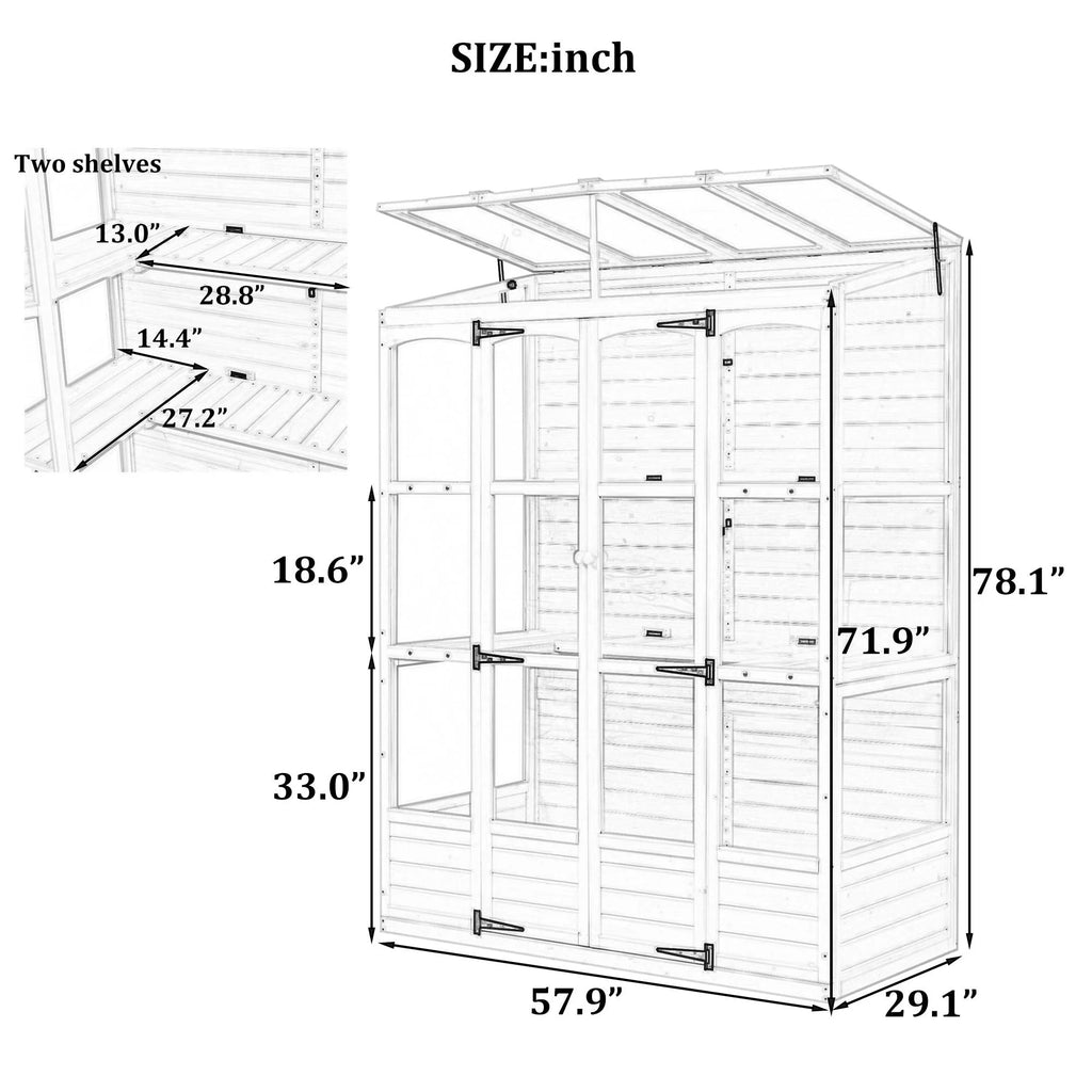 57.9"W x 29.1"D x 78.1"H Polycarbonate Greenhouse with Folding Shelves and Windows W64954