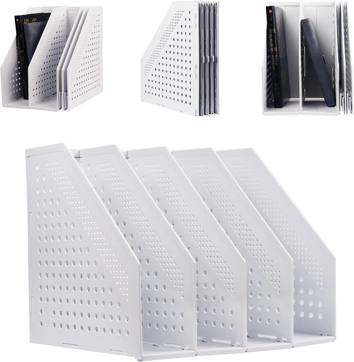 Gray 2Pcs Collapsible Magazine File Holder with 3 Vertical Compartments Q763085