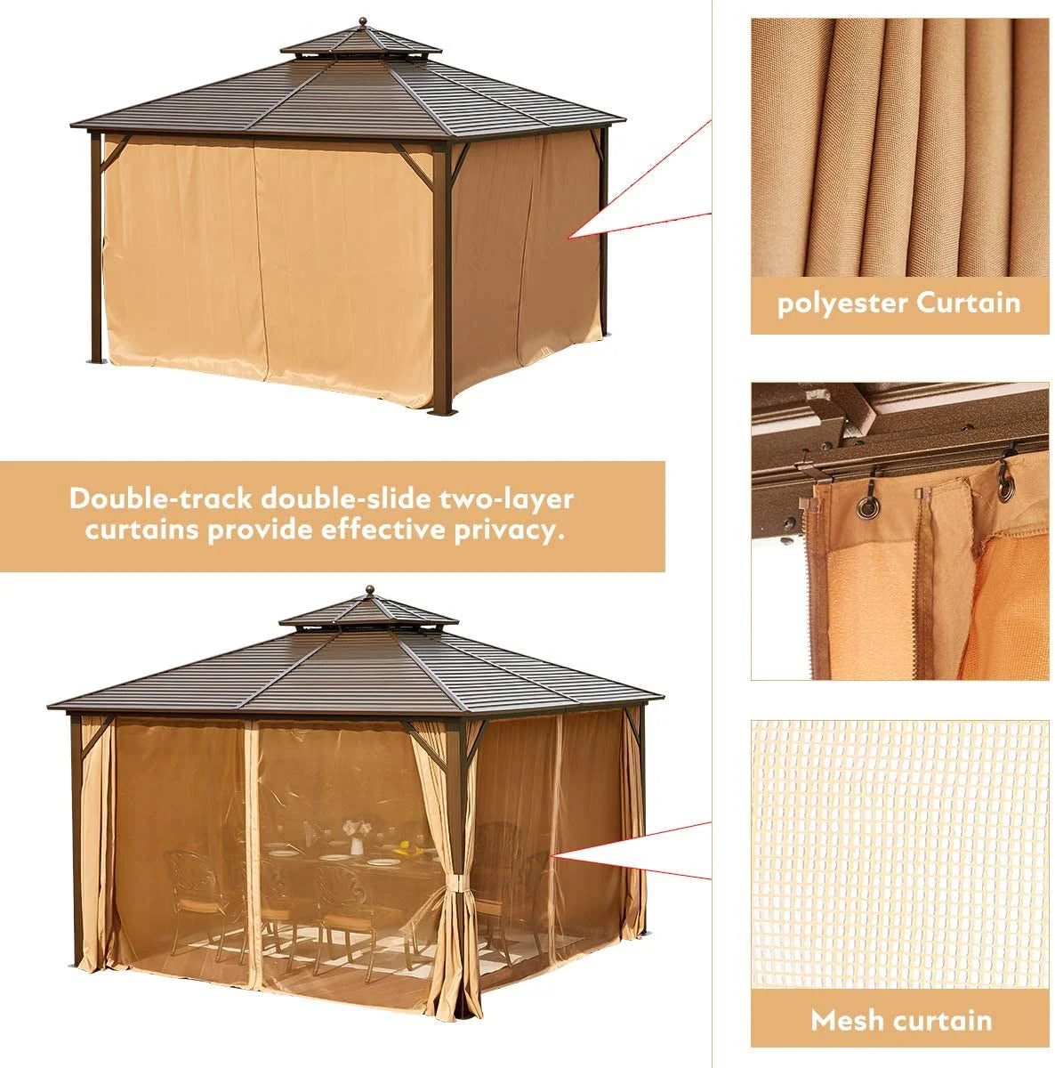 12' x 12' Hardtop Galvanized Steel Gazebo with Aluminum Frame and Netting and Curtains M7383