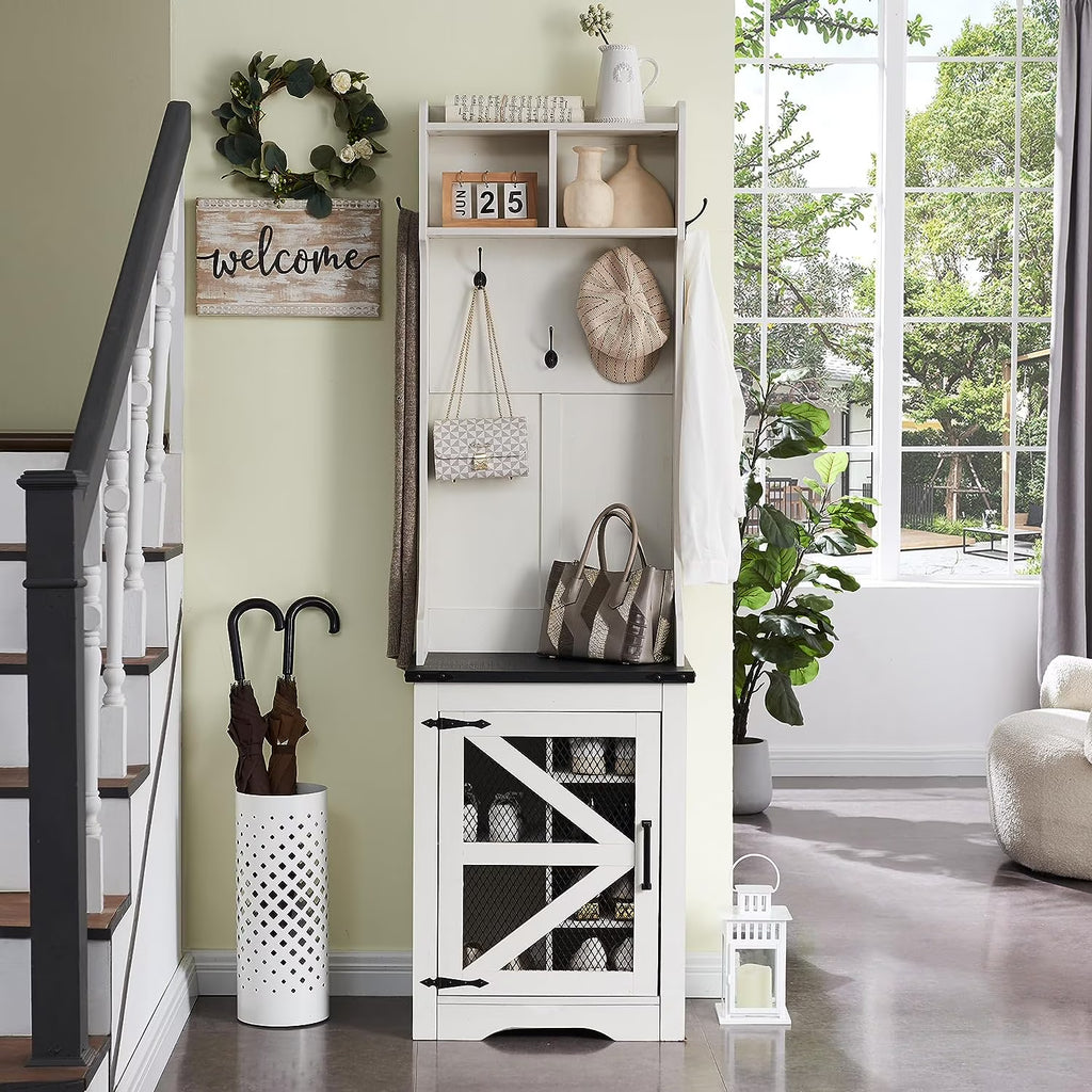 White Hall Tree with Coat Rack and Shoe Storage Bench Y839540