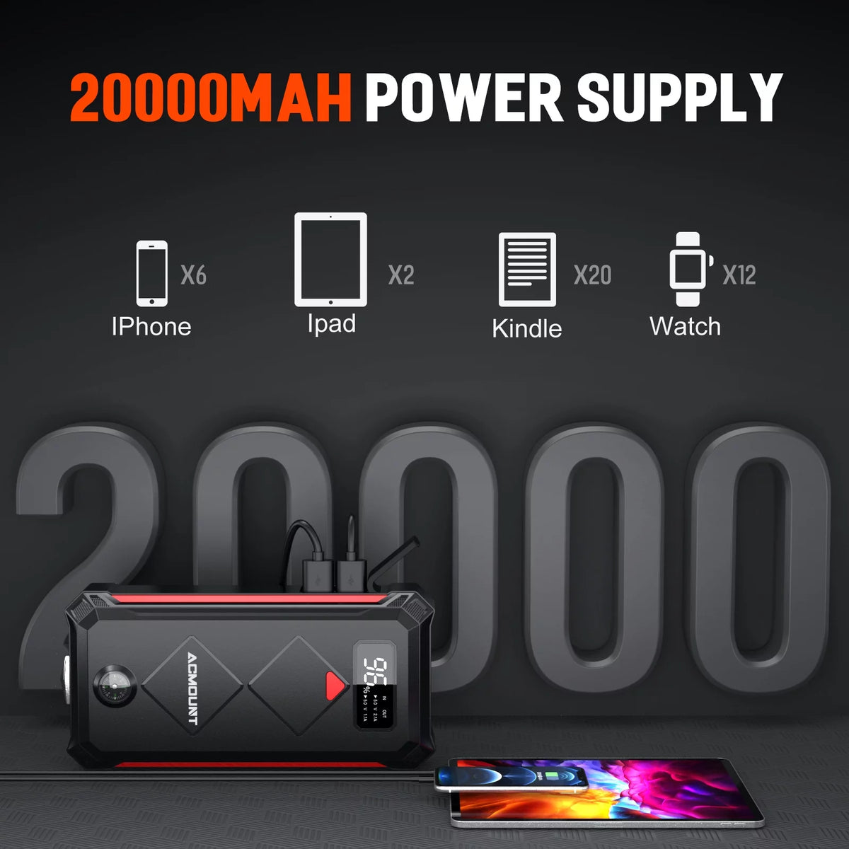 2000A 12V Portable Battery Jump Starter Box with LED Screen H7956