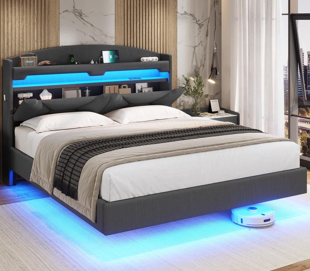 Floating Full Size Upholstered Platform Bed with Storage Headboard C489