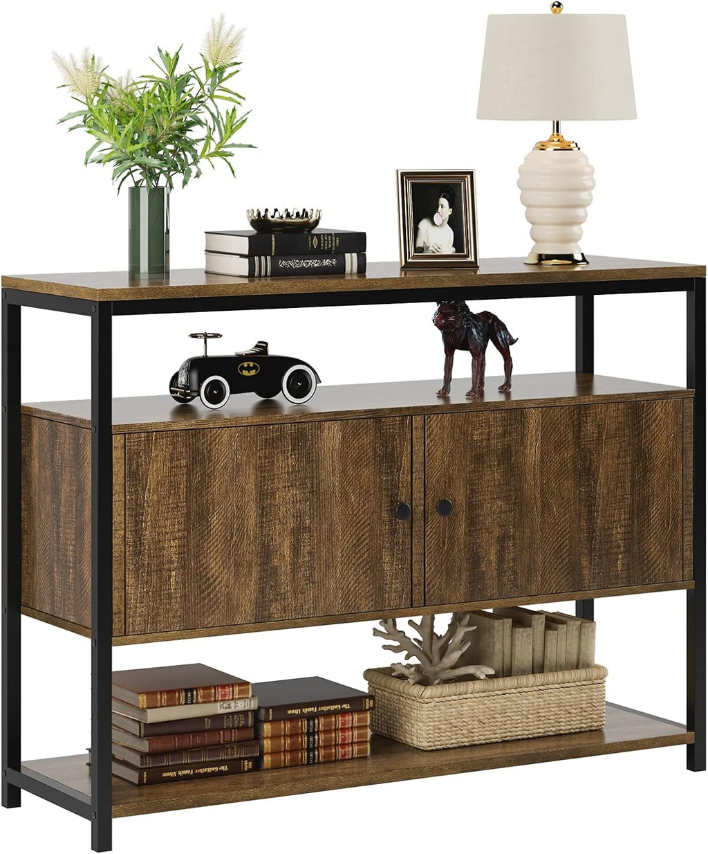 Walnut Brown 3-Tier Console Table with 2 Cabinet Doors Z6283