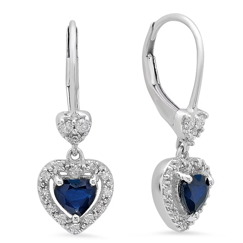 18K White Gold Heart Cut Blue Sapphire & White Diamond Drop Earrings Y354442
