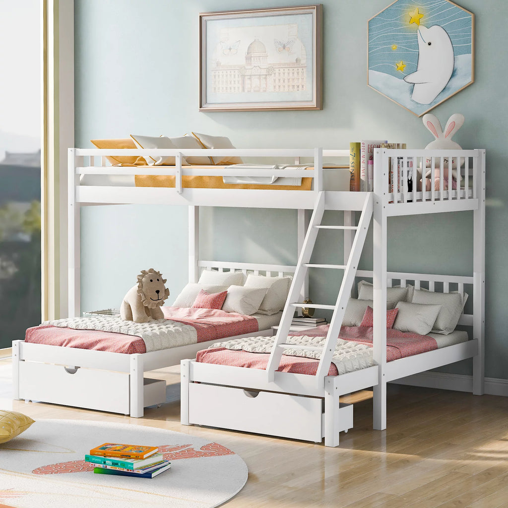 Twin Over Full & Twin Wood Bunk Bed with Drawers and Guardrails U9884