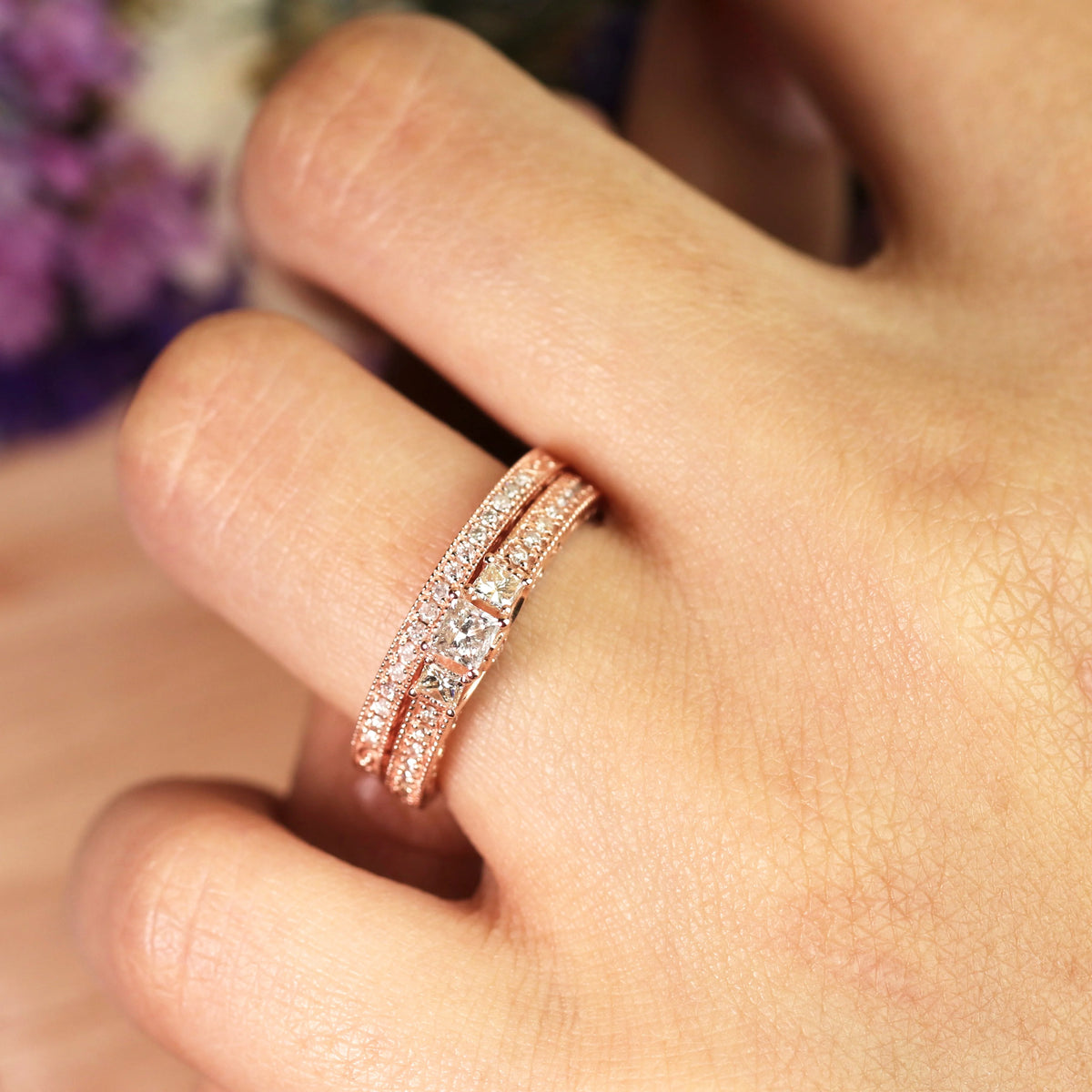 18K Rose Gold over Silver Three Stone Ring Set G231