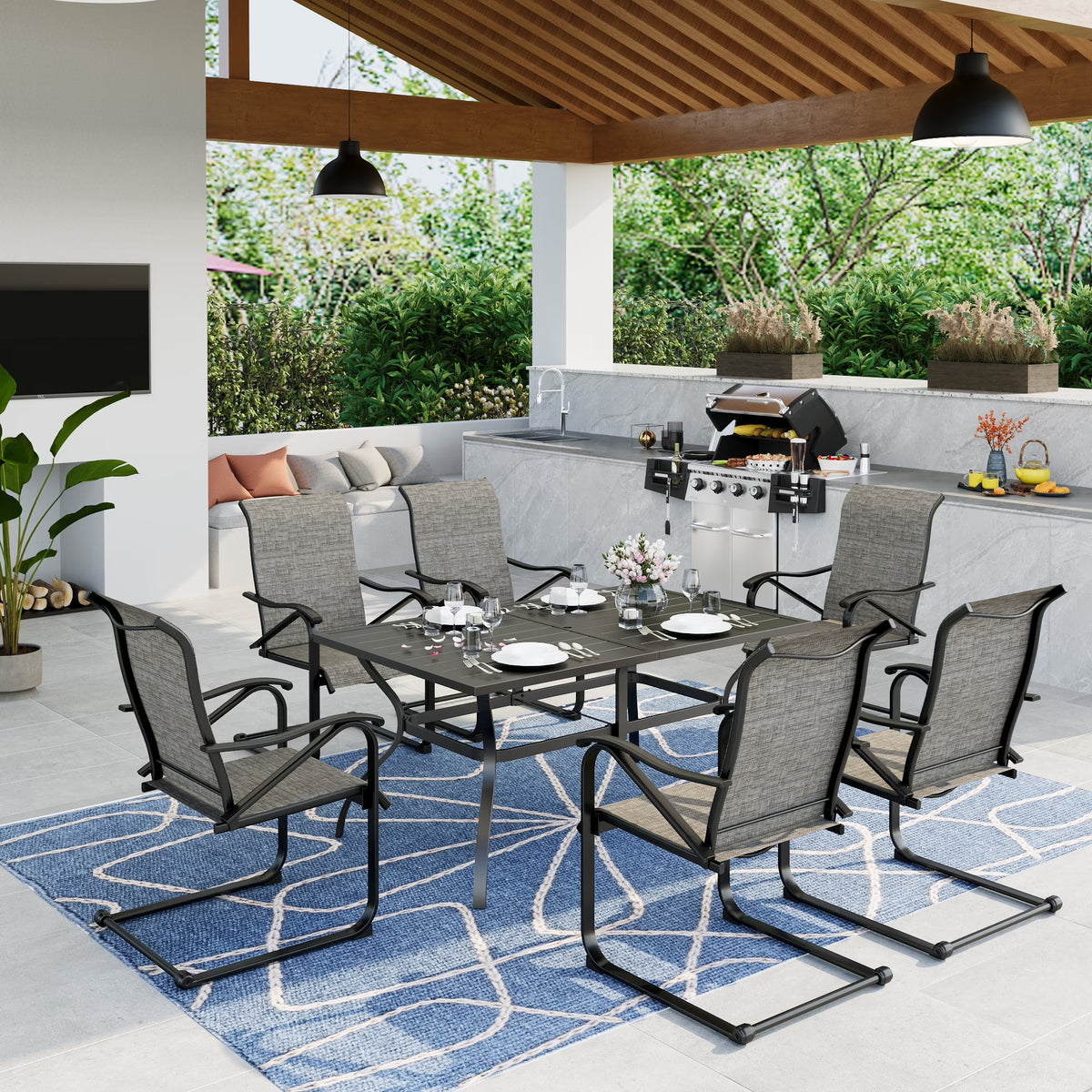 7-Piece Outdoor Patio Dining Set with 6 Rocking Chairs and 1 Metal Table V288